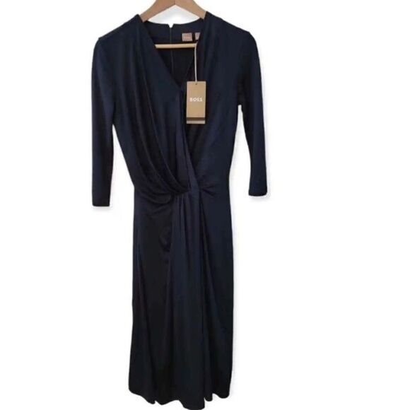 BOSS Hugo Boss Exandria V-neck Faux Wrap Midi Dress Navy  long sleeve $348 - Picture 2 of 10
